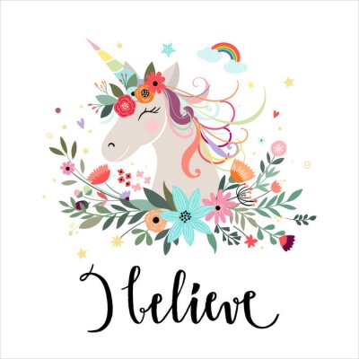 Poster  Licorne avec corne arc-en-ciel et fleurs
