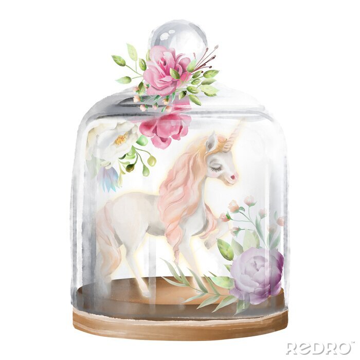 Poster  Licorne et fleurs sous un couvercle en verre