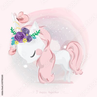 Poster  Licorne mignonne sur fond rose