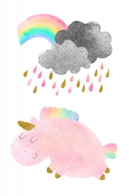 Poster  Licorne sous des nuages pluvieux version aquarelle