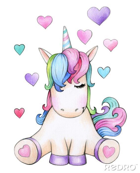 Poster  Licorne sur fond de cœurs