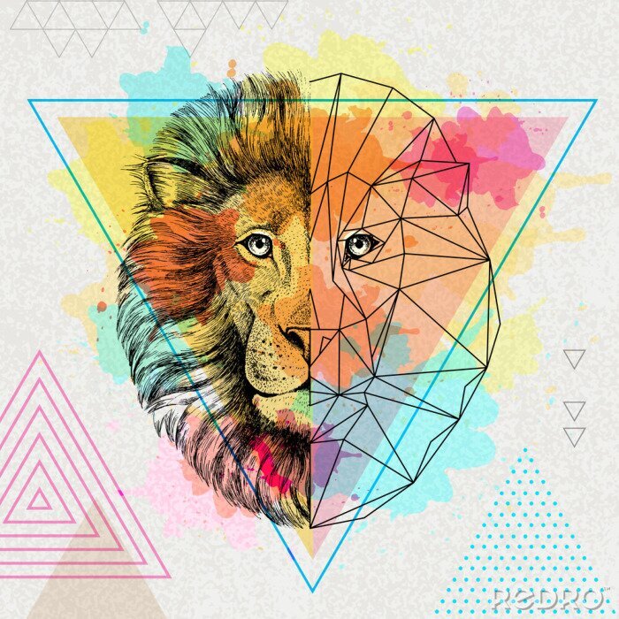 Poster  Lion et motif géométrique