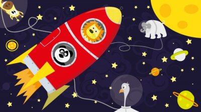 Poster  Lion et panda de l'espace pour enfants dans une fusée