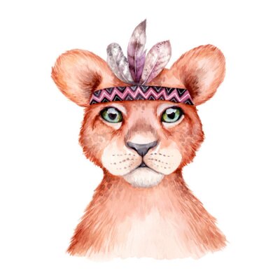 Poster  Lionceau aquarelle avec bandeau de plumes