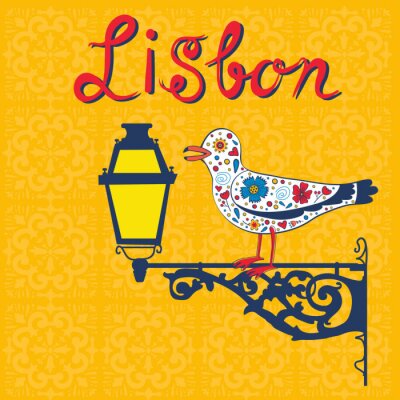 Poster  Lisbonne Portugal symboles lanterne et mouette