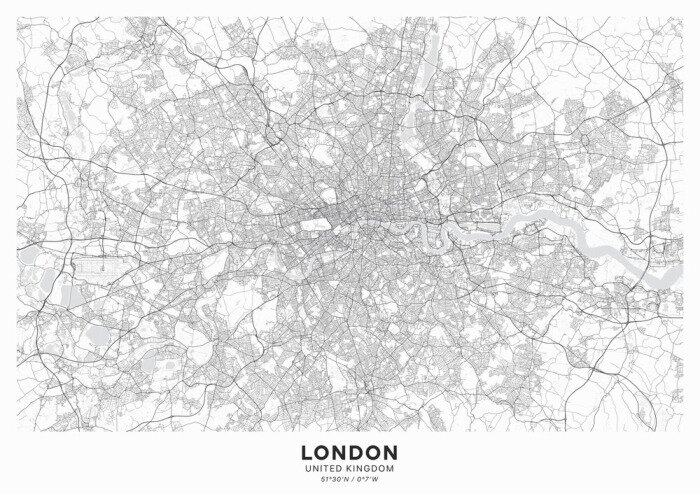 Poster  London city map poster. Detailed map of London (United Kingdom). Transport system of the city. Includes properly grouped map features (water objects, railroads, roads etc).