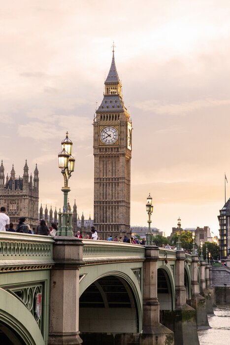 Poster  London - U K- August 18, 2013 -  Big Ben at sunset - is the London building that houses the two chambers of the Parliament of the United Kingdom