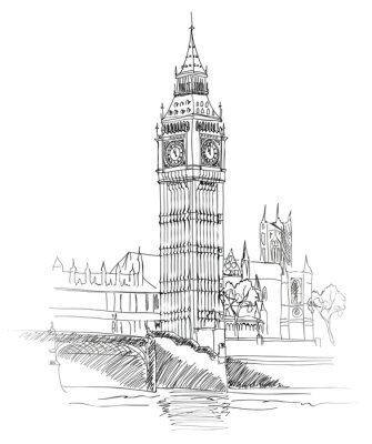 Poster  Londres Repère. Paysage de Londres. Tour de Big Ben. Vector illustration tiré à la main croquis.