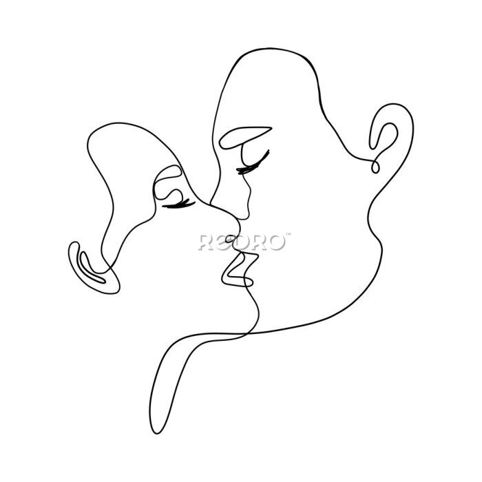 Poster  Love couple line art. Minimalist man and woman faces, continuous linear kiss drawing. Vector abstract illustration