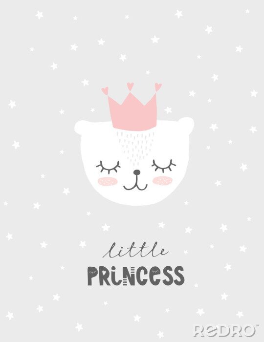 Poster  Lovely Little Princess Vector Illustration.Cute White Baby Bear Wearing Pink Crown With Heart.Light Gray Starry Background. Sweet Nursery Art.Pastel Colors Design for Baby Girl.Simple Baby Shower Card