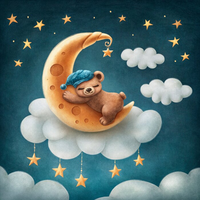 Poster  Lune pour enfants avec un ours en peluche endormi
