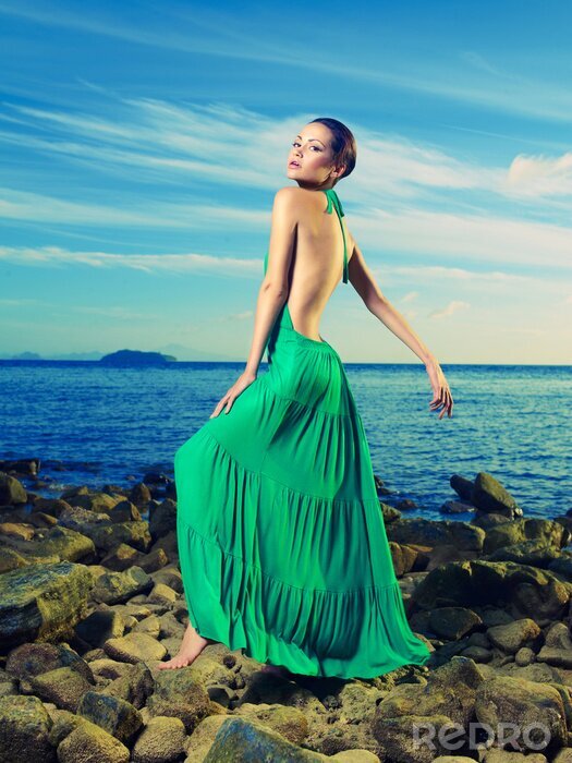 Poster  Madame dans la robe verte sur le rivage