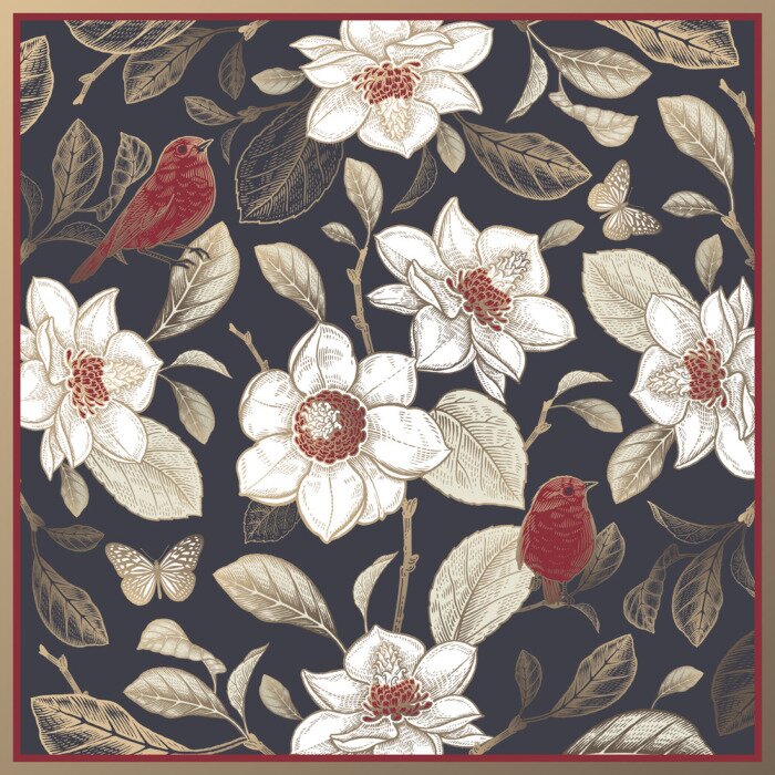 Poster  Magnolia blanc et oiseaux rouges sur les feuilles