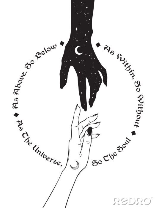 Poster  Main de l'univers tendre la main à l'homme. L'inscription est une maxime en hermétisme et en géométrie sacrée. Comme ci-dessus, donc ci-dessous. Travail noir, tatouage flash ou illustration vectoriell