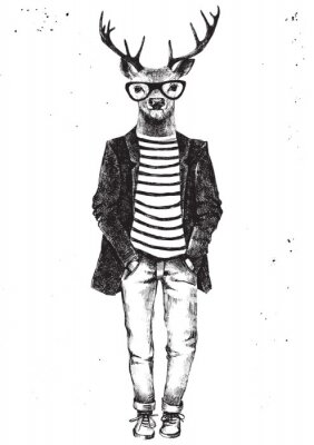 Poster  Main, dessiné, habillé, cerf, hipster, style