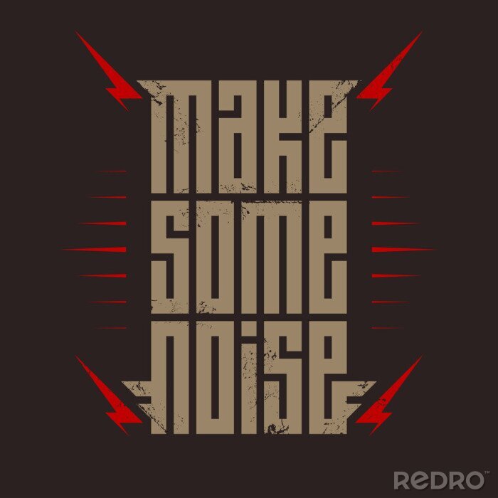 Poster  Make Some Noise - music poster with red lightning. Rock t-shirt design. T-shirt apparels cool print.