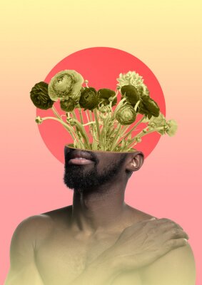 Poster  Male body of african-american model with the head full of thoughts about flowers and sunrise. Trendy neon light and gradient yellow-pink background. Modern design. Contemporary art collage.