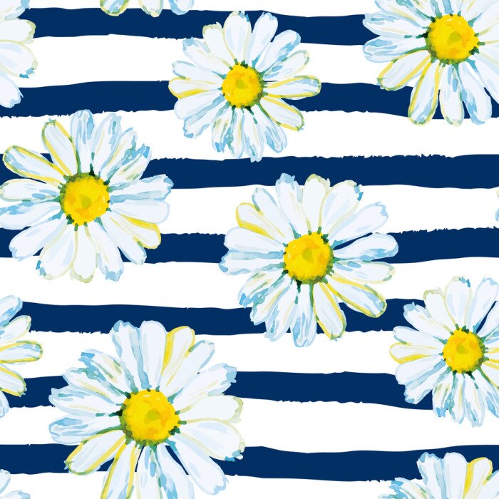 Poster  Marguerites, rayé, nautique, fond Aquarelle, seamless, modèle, sauvage, Été, fleurs