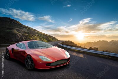 Poster  Marque Free voiture de sport concept contre le coucher du soleil dans les montagnes