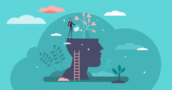 Poster  Mind growth progress concept, flat tiny person vector illustration