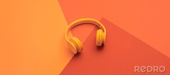 Poster  Minimal fashion, Trendy coral neon headphones. Music vibration on geometry background. Hipster DJ accessory Flat lay. Art creative summer vibes, fashionable pop art style. Bright neon color, banner