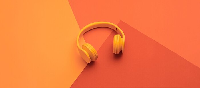 Poster  Minimal fashion, Trendy coral neon headphones. Music vibration on geometry background. Hipster DJ accessory Flat lay. Art creative summer vibes, fashionable pop art style. Bright neon color, banner