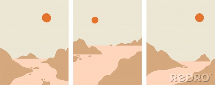 Poster  Minimalist landscape design, flat scenery postcard,nordic scandinavian design,poster set mountains lake sunset earthy tones  color palette