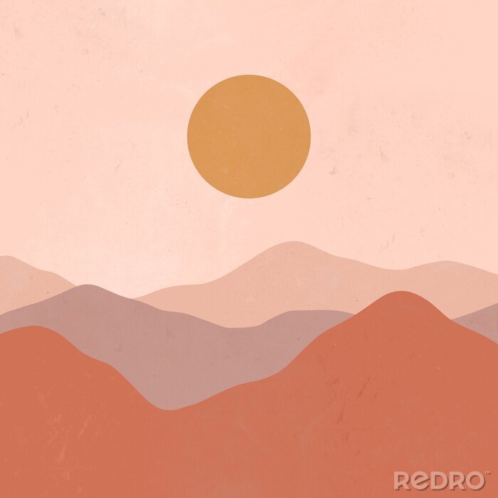 Poster  Minimalist landscape mountain sun texture mid-century modern illustration