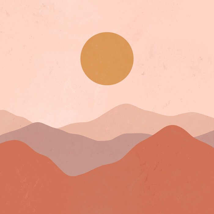 Poster  Minimalist landscape mountain sun texture mid-century modern illustration