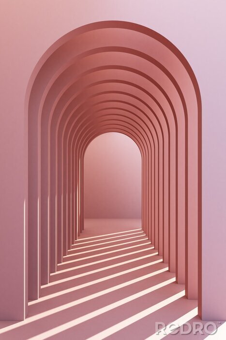 Poster  Minimalistic, pinkpastel arch hallway architectural corridor with empty wall. 3d render, minimal.