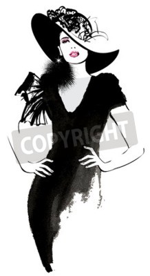Poster  Mode, femme, modèle, noir, chapeau - Illustration