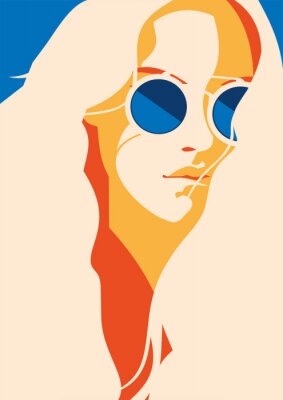 Poster  Mode portrait d'une fille modèle avec des lunettes de soleil. Affiche de couleurs à la mode rétro ou flyer.