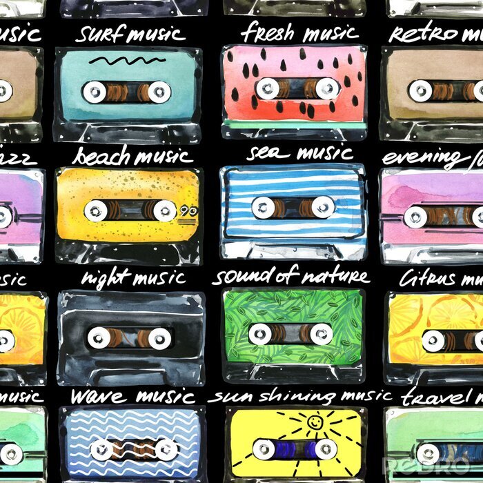 Poster  modèle aquarelle avec des cassettes rétro. Illustration de cassettes audio.
