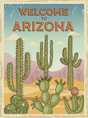 Poster  Modèle de conception de poster rétro bienvenue en arizona. Illustrations de cactus sauvages