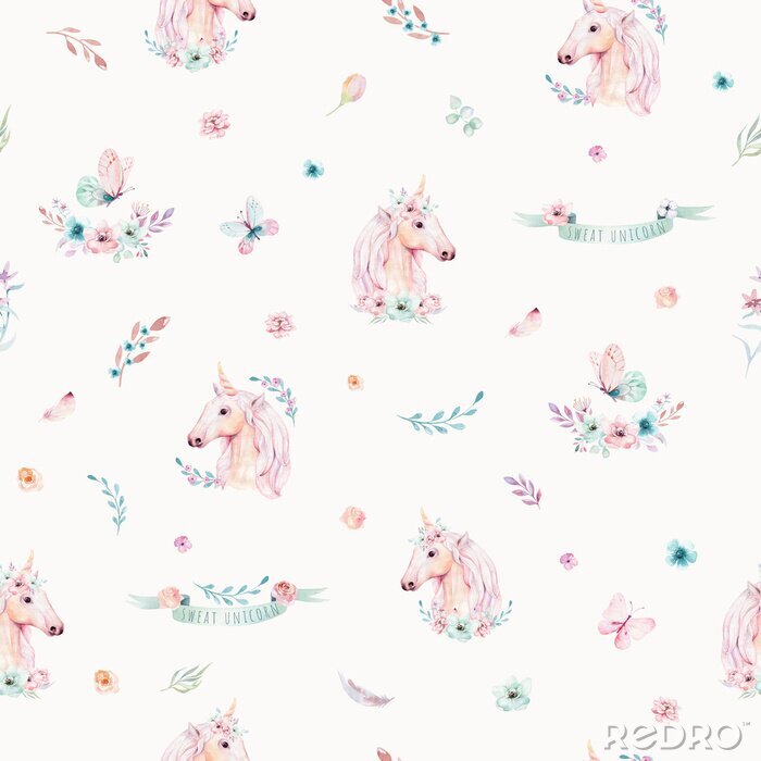 Poster  Modèle sans couture aquarelle licorne mignonne avec des fleurs. Patrons de licorne magique de pépinière. Princesse texture arc-en-ciel. Cheval de poney de dessin animé rose à la mode.
