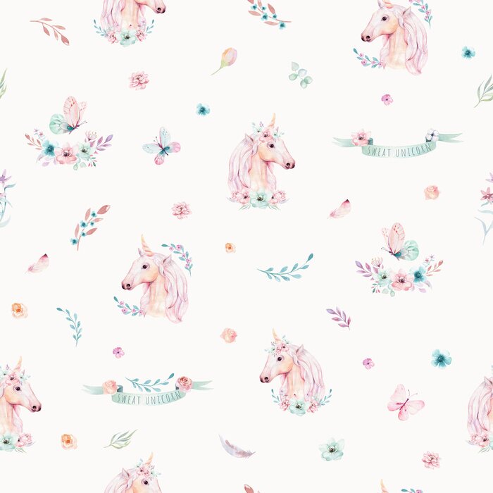 Poster  Modèle sans couture aquarelle licorne mignonne avec des fleurs. Patrons de licorne magique de pépinière. Princesse texture arc-en-ciel. Cheval de poney de dessin animé rose à la mode.