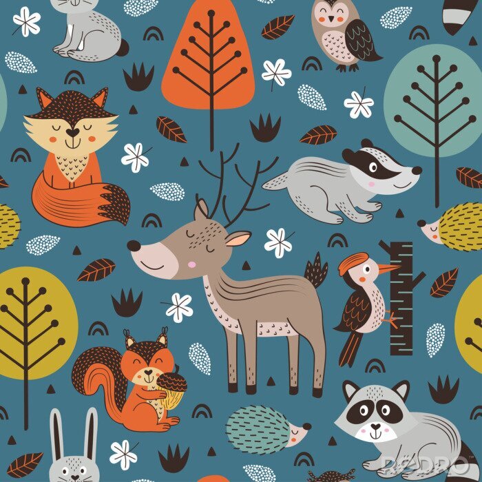 Poster  modèle sans couture avec des animaux de la forêt sur fond bleu style scandinave - illustration vectorielle, eps