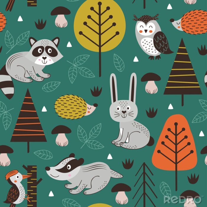 Poster  modèle sans couture avec des animaux de la forêt sur style scandinave fond vert - illustration vectorielle, eps