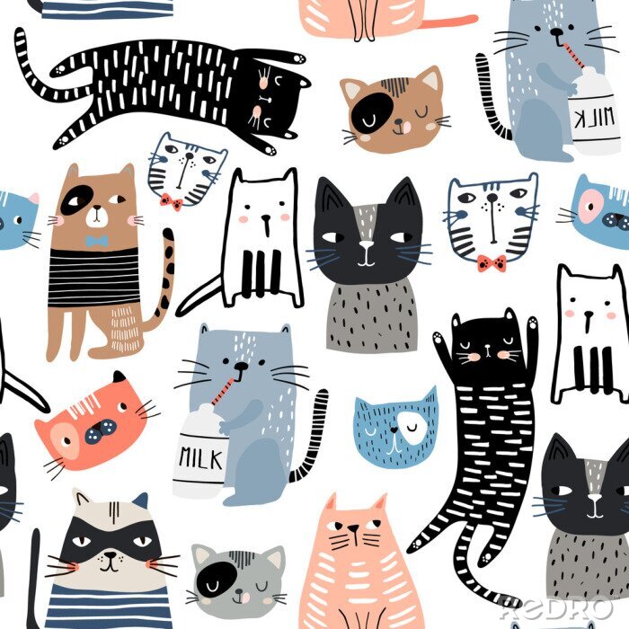 Poster  Modèle sans couture avec des chatons mignons dans un style différent. Texture enfantine créative. Idéal pour les tissus, textiles Illustration vectorielle