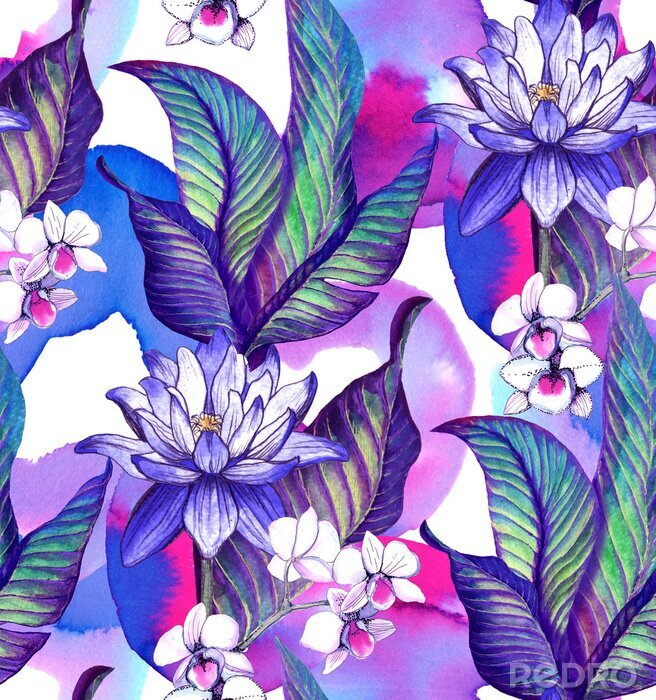 Poster  Modèle sans couture avec des feuilles tropicales. modèle aquarelle avec taches de fleur de lotus et aquarelle, orchidée blanche Phalaenopsis