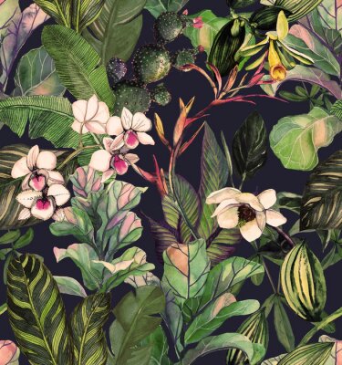 Modèle sans couture avec des fleurs et des feuilles tropicales. modèle aquarelle avec fleur de magnolia, orchidées, cactus, phalinopsis d'orchidée blanche. Fond botanique