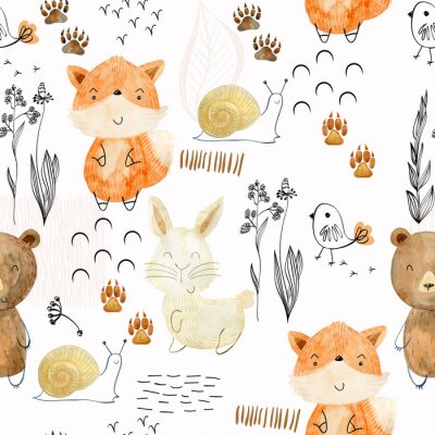 Poster  Modèle sans couture d'ours en peluche, de renards et de lapins dans des tons de terre