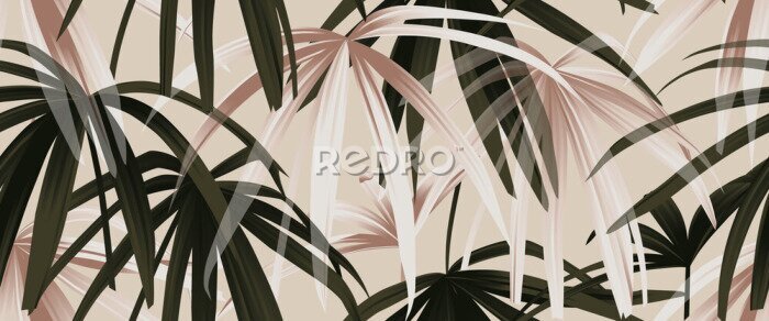 Poster  Modèle sans couture de plante tropicale, or rose et palmier vert feuilles sur fond rose clair