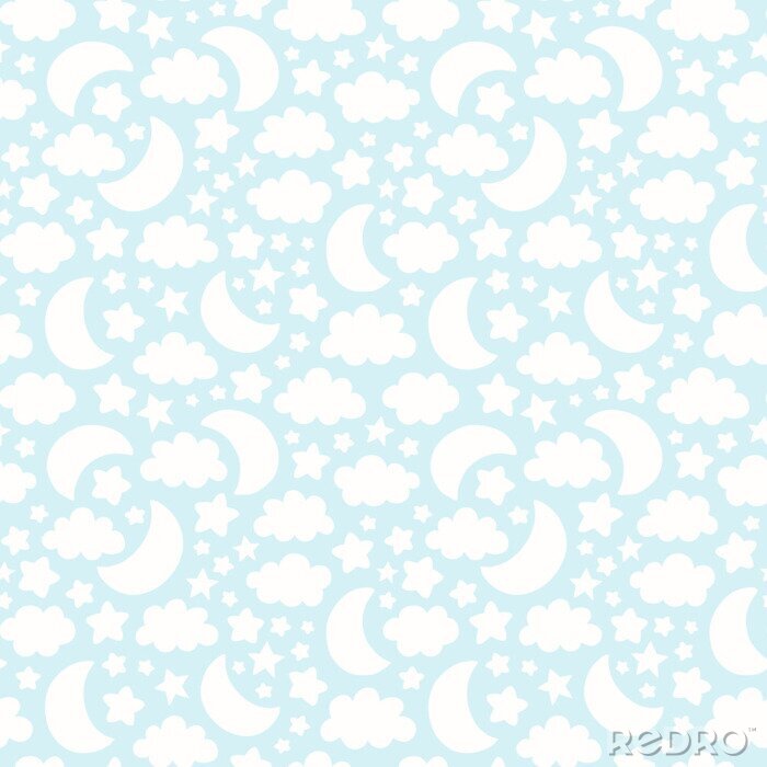 Poster  Modèle sans couture de vecteur avec des silhouettes de lune, nuage et étoiles. Joli bébé, illustration de fond des enfants.