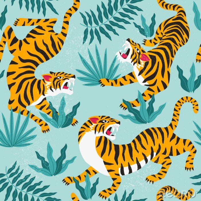 Poster  Modèle sans couture de vecteur avec des tigres mignons sur le fond. Spectacle animalier de cirque. Conception de tissu à la mode.