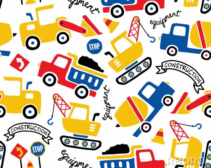 Poster  Modèle sans couture de vecteur avec dessin animé de véhicules de construction