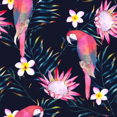 Poster  Modèle sans couture tropical avec perroquets, protea, plumeria et feuilles. Impression d'été aquarelle. Illustration dessinée à la main exotique