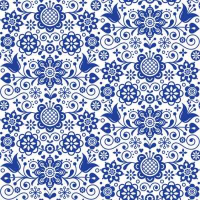 Modèle vector floral sans couture folk art, conception répétitive bleu marine scandinave, ornement nordique avec des fleurs