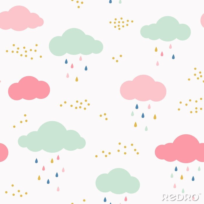 Poster  Modèle vectoriel pour les enfants avec des nuages, des gouttes de pluie et des points. Mignon fond scandinave sans soudure en menthe, rose, jaune et gris.