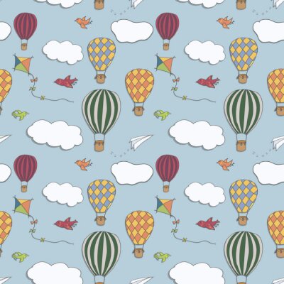 Modèle vectorielle continue, ballons à air chaud dessinés à la main, battant dans le ciel bleu, modèle pour les arrière-plans, papier d'emballage, tissus et autres conceptions